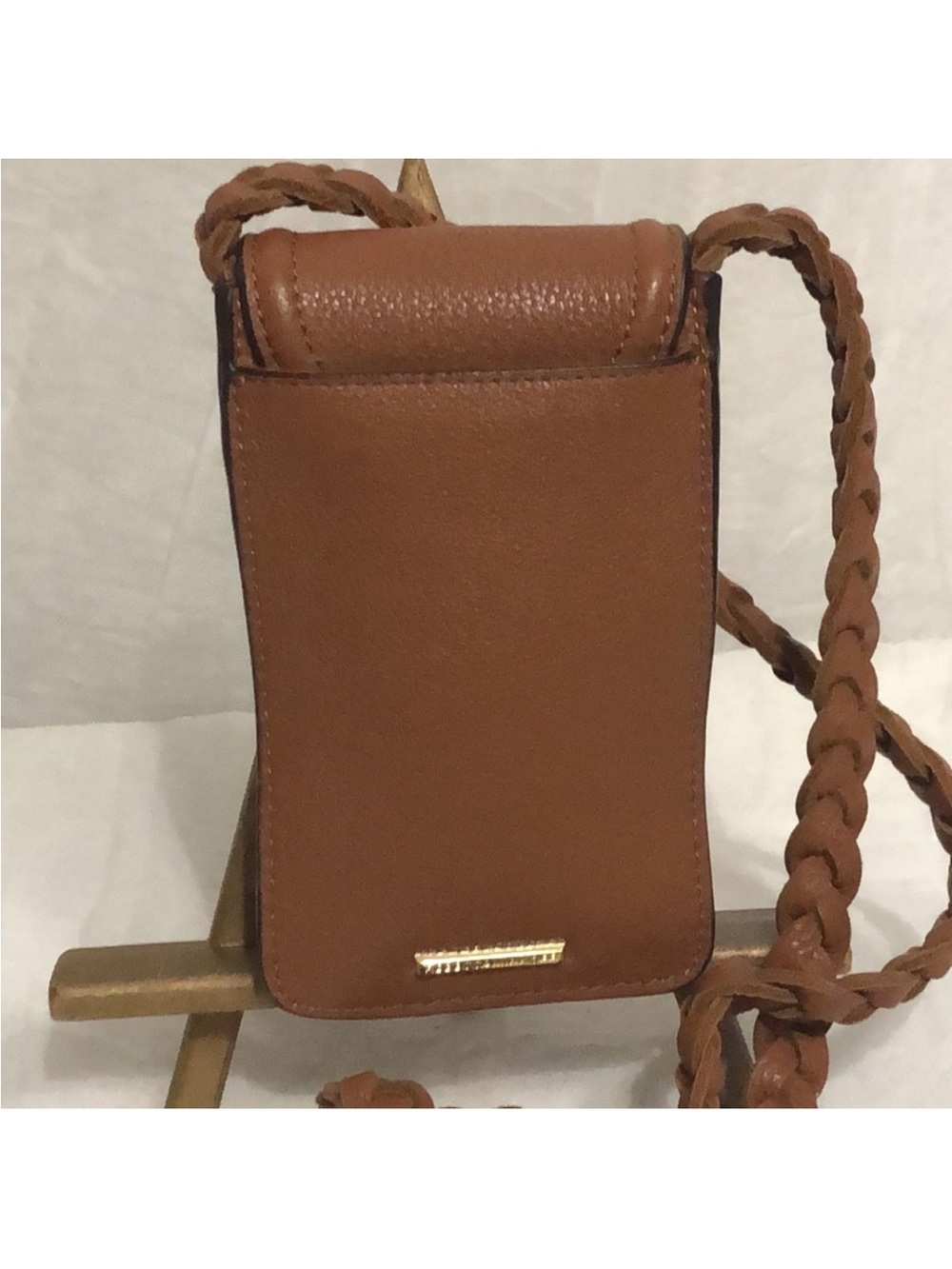 🩷Rebecca Minkoff Caramel Brown Leather Crossbody Pouch with Gold Logo - Picture 2 of 6